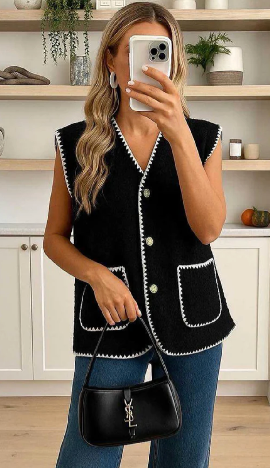 Dottie Boucle Style Sleeveless Gilet Vest-Black