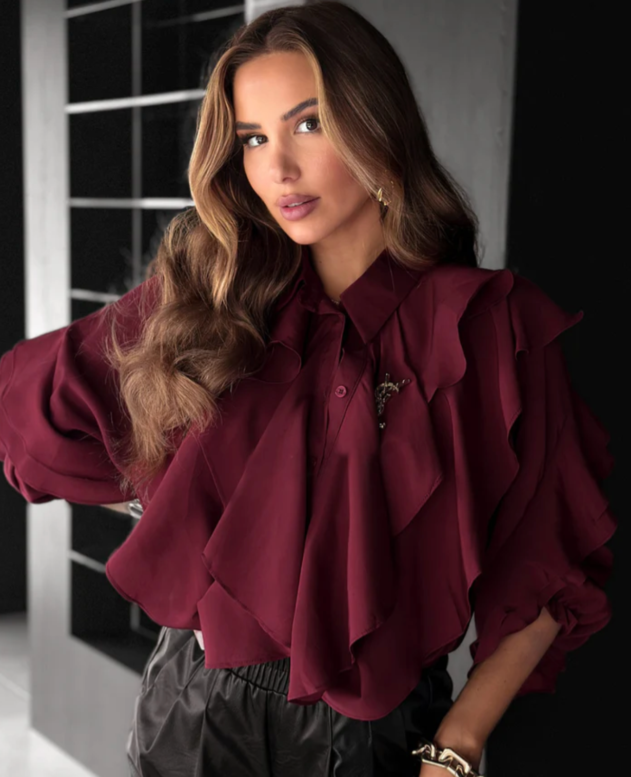 Whitney Ruffle Layered Shirt Blouse-Wine