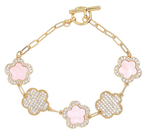 Clover and Zirconia Bracelet - Pink