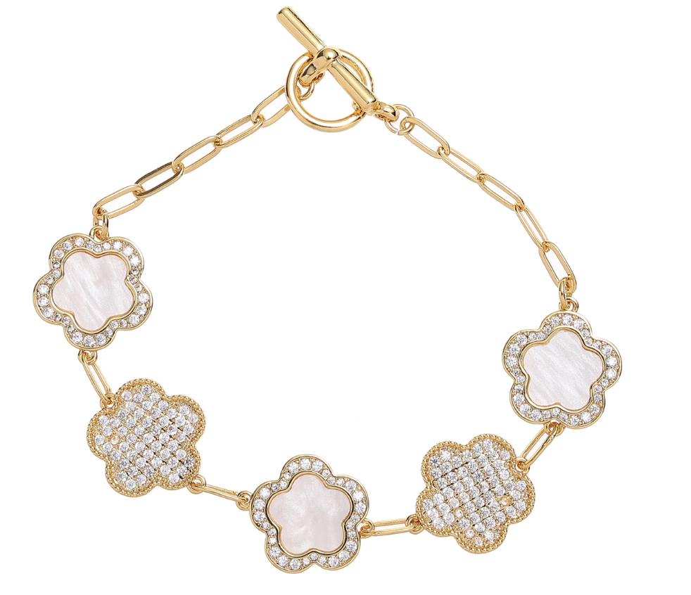 Clover and Zirconia Bracelet - white
