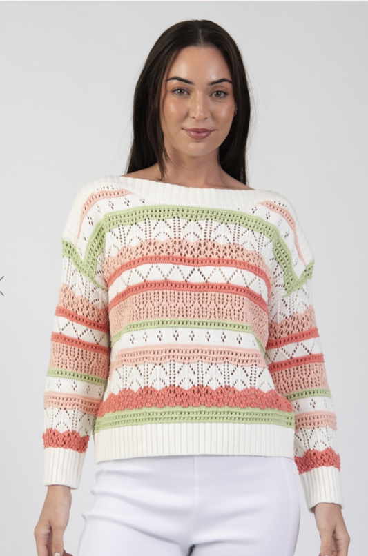Light textured knit long sleeve sweater with stripe By Jessica Graaf