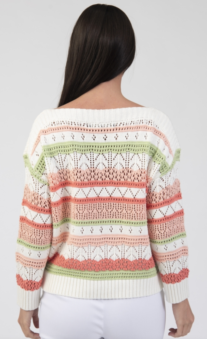 Light textured knit long sleeve sweater with stripe By Jessica Graaf