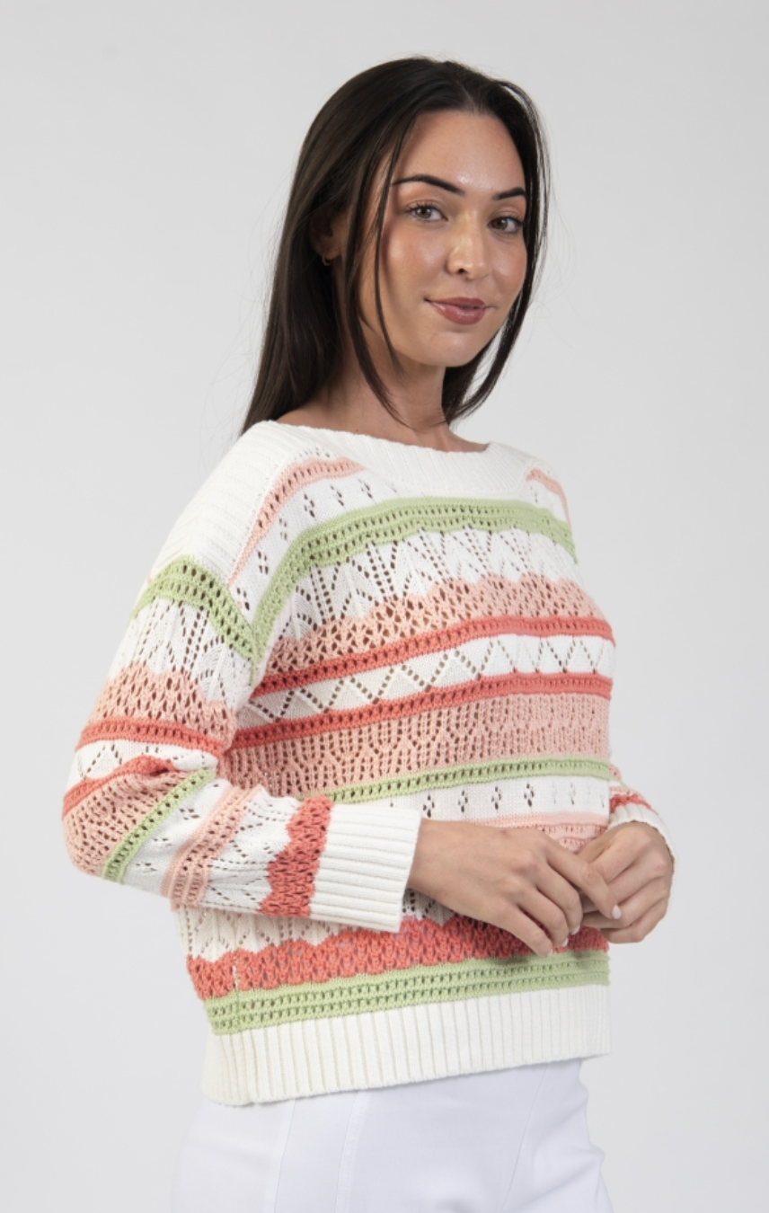 Light textured knit long sleeve sweater with stripe By Jessica Graaf