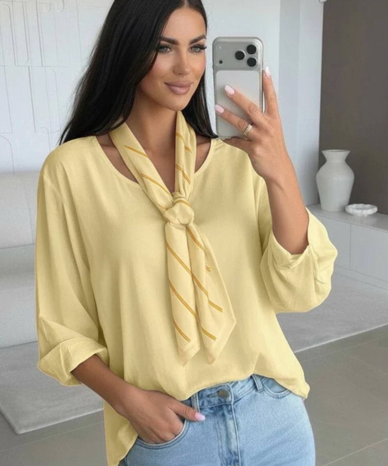 Ezra High-Low Crew Neck Scarf Blouse Top
