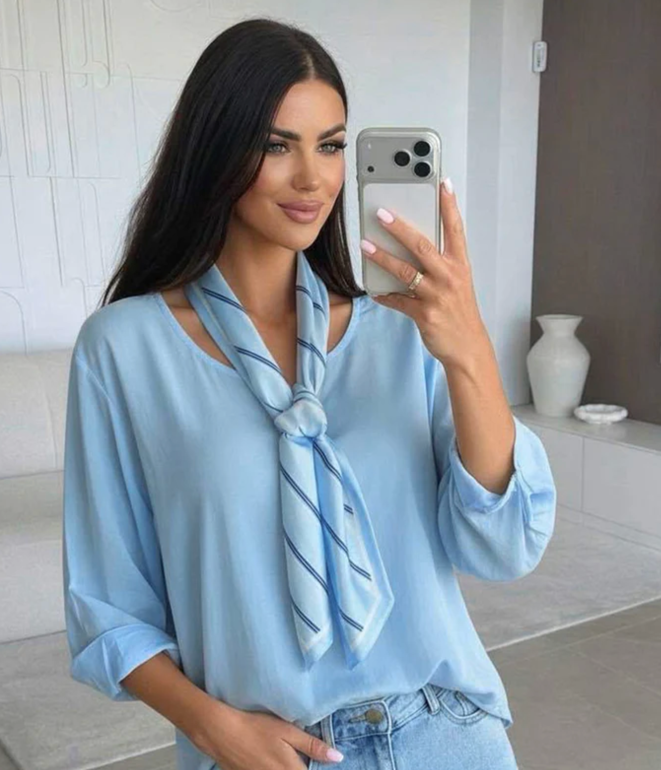 Ezra High-Low Crew Neck Scarf Blouse Top