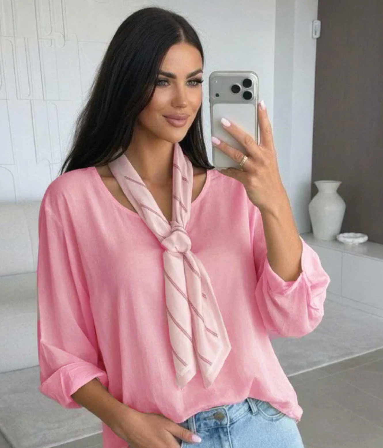 Ezra High-Low Crew Neck Scarf Blouse Top