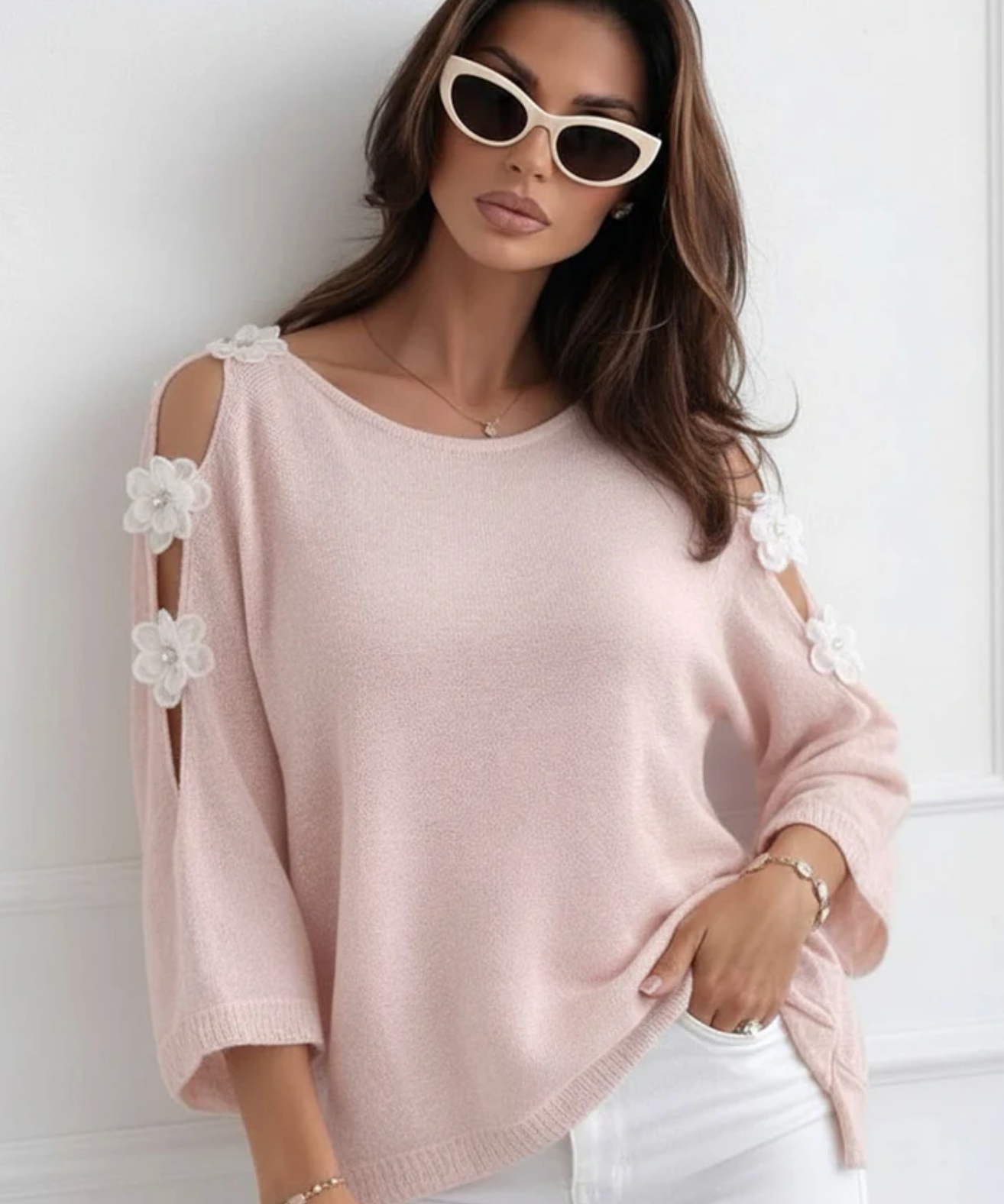 mma Floral Appliqué Cold Shoulder Lightweight Open Knit Top