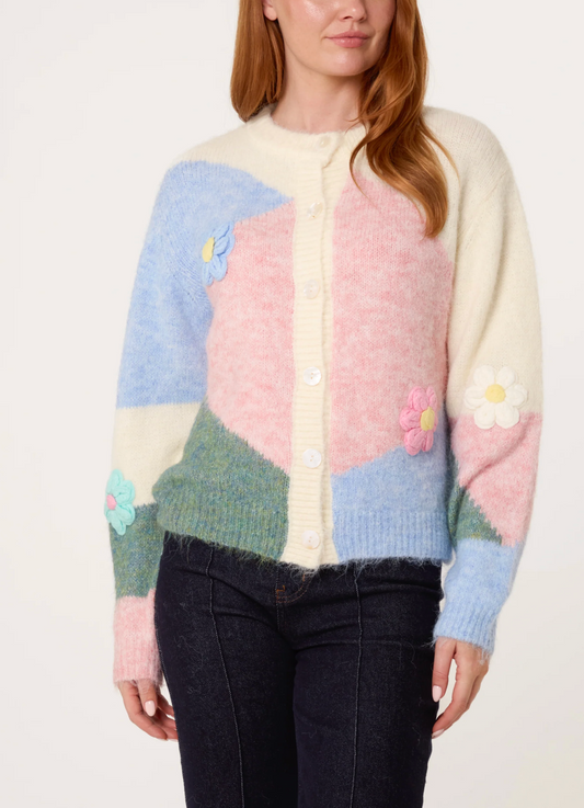 Colour Block Knit Flowers Cardigan