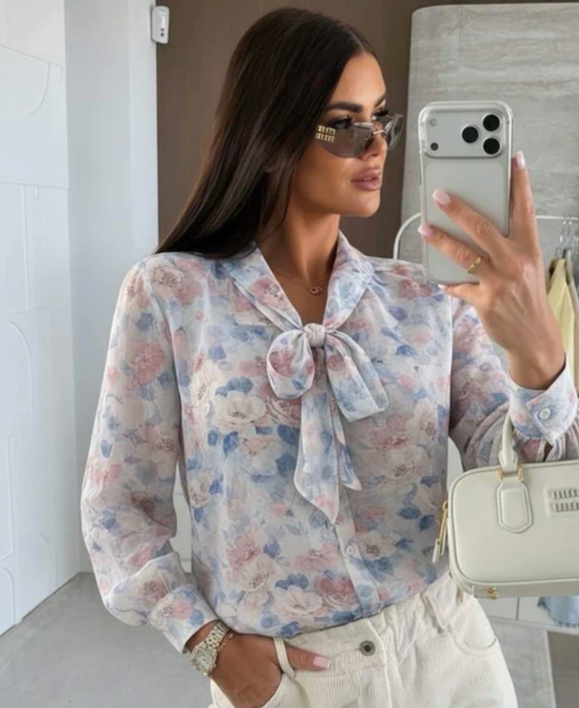 Klara Floral Tie-Neck Sheer Blouse Top-Pink