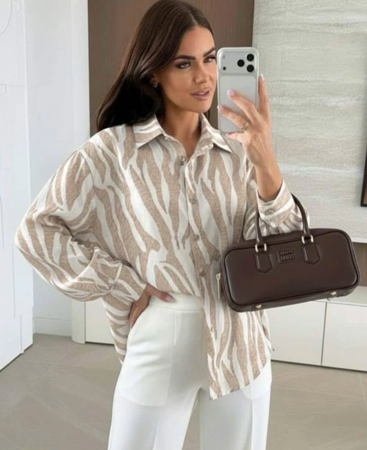 Elona Oversized Abstract Zebra Print Long Sleeve Shirt Top