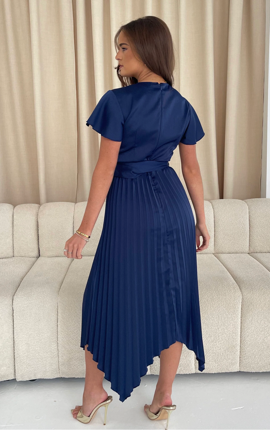 Nicole Asymmetric Pleated Skirt Belted Midi Dress Navy
