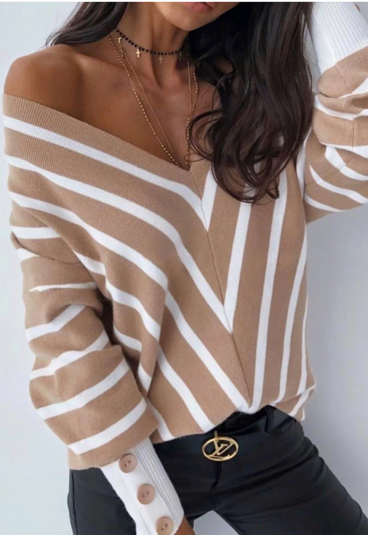 Off Shoulders Striped Knitted Sweater with Buttons in Camel