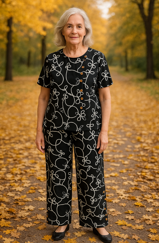 Black Swirly Linen Trousers with Buttons
