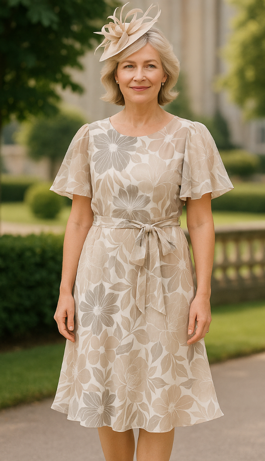 Beige Floral Chiffon Dress