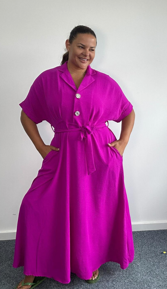 Curve Plus Size Black Button Front Belted Maxi Shirt Dress with Pockets