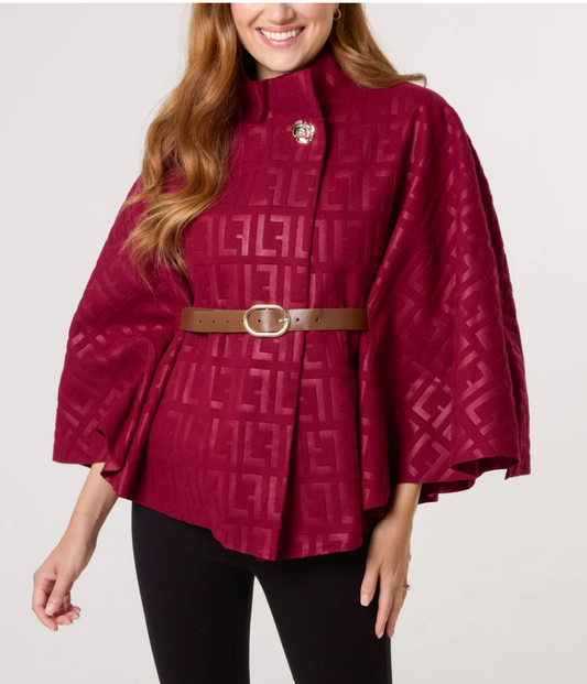cape-style jacket with a subtle embossed pattern & high, stand-up collar