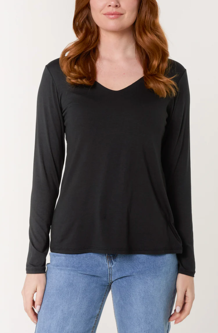 Basic V-Neck Stretch Long Sleeve Top