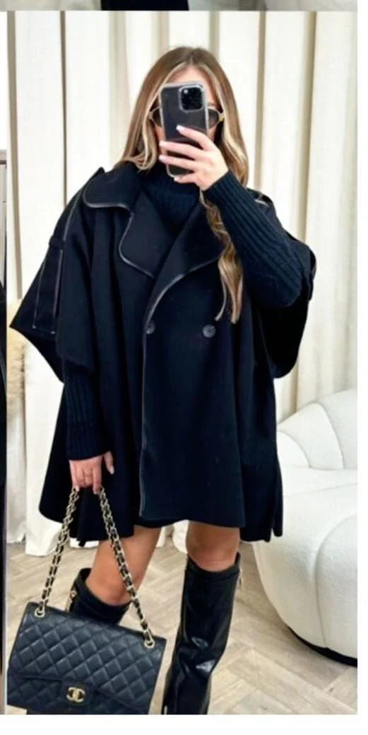 Vegan Leather Trim Button Cape